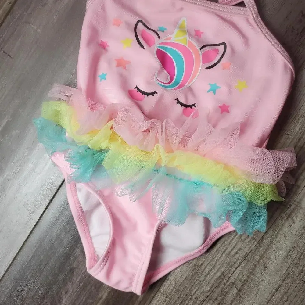 Wonder Nation Baby Girl Rainbow Unicorn One Piece Swimsuit Size 3-6m NWOT